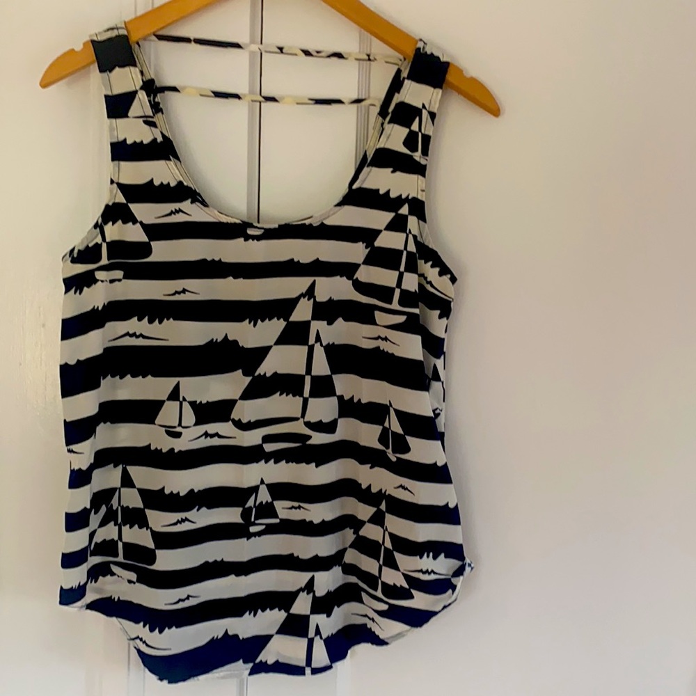 ⛵️Tank Sailboat Toile Noughties Navy White Breton Stripe Back Detail Sz M